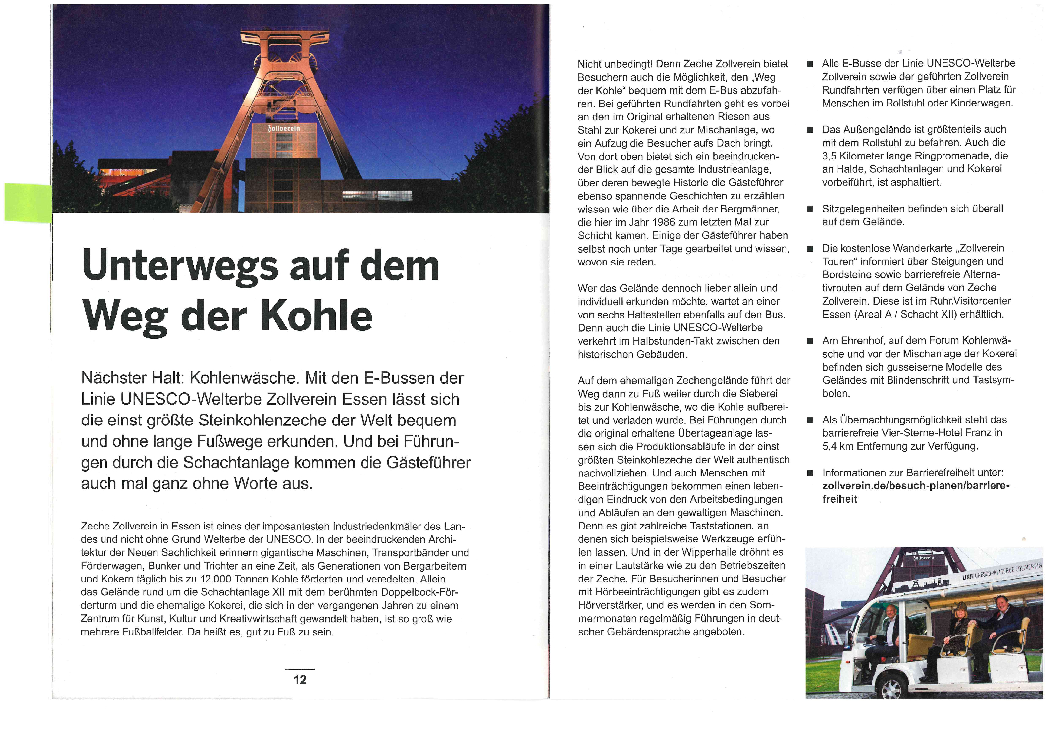 Artikel über die Zeche Zollverein und den Linienfahrten